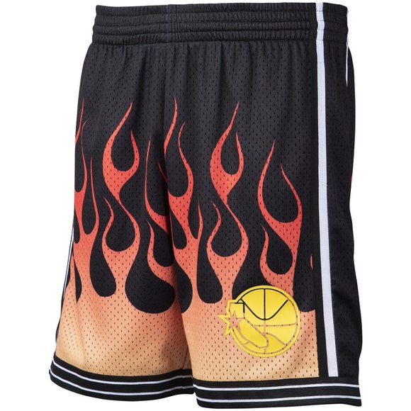 Men's Mitchell & Ness NBA Golden State Warriors Black 95 Flames Swingman Shorts - Picture 3 of 9